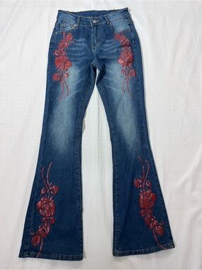 SHEIN Dark Blue Flare Jeans with Red Floral Print size 28